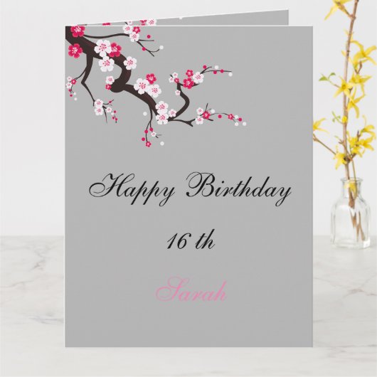 Elegante Kersenbloesem Roze Witte Bloemige Verjaar Kaart (Gele Bloem)