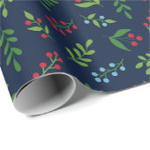 Elegante Kerst Berry en Blad Patroon Marine Blauw Cadeaupapier (Rol Hoek)