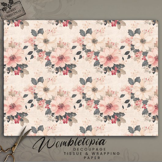 Elegante Kerst Bloemen & Bessen Roze Decoupage Tissuepapier