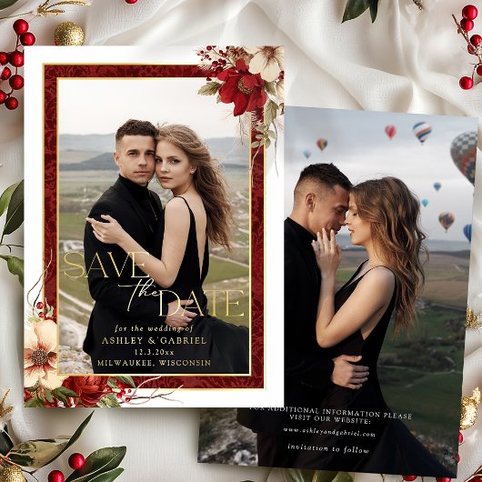 Elegante Kerst Bloemen Folie Save the Date Uitnodiging