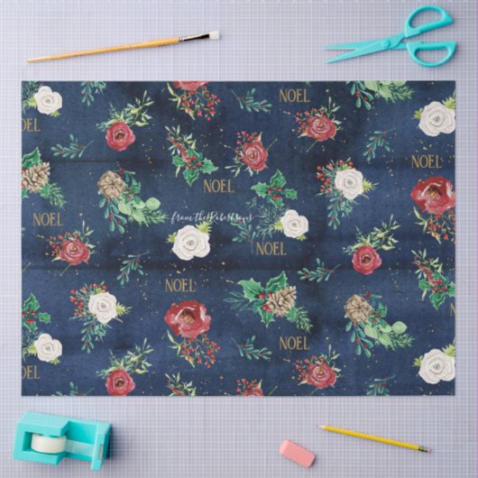 Elegante Kerst Bloemen Goud Script Familienaam Tissuepapier (Craft)