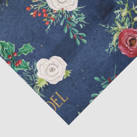 Elegante Kerst Bloemen Goud Script Familienaam Tissuepapier (Detail)