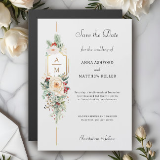 Elegante Kerst Bloemen Monogram Save the Date Magnetische Uitnodiging