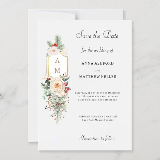 Elegante Kerst Bloemen Monogram Save the Date Magnetische Uitnodiging (Voorkant)