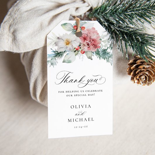 Elegante Kerst Bloemen Winter Huwelijksgunst Cadeaulabel