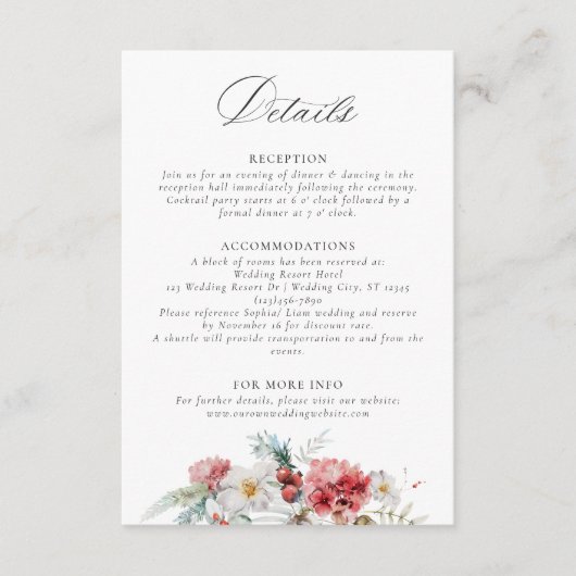 Elegante Kerst Bloemen Winter Wedding Details Informatiekaartje (Voorkant)