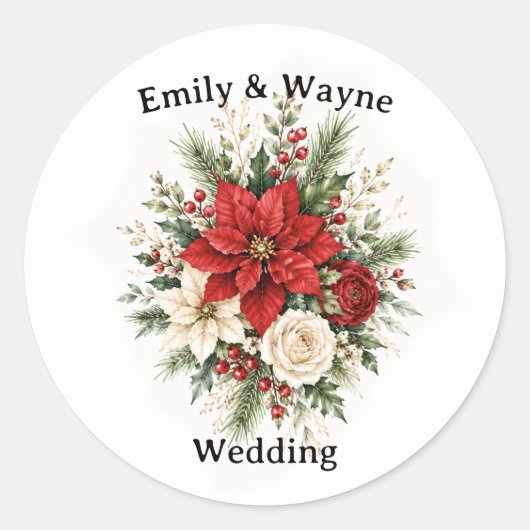 Elegante Kerst Bloemige Bruiloft Ronde Sticker (Voorkant)
