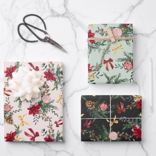 Elegante Kerst Botanische Groene Patroon Inpakpapier Vel (Voorkant)