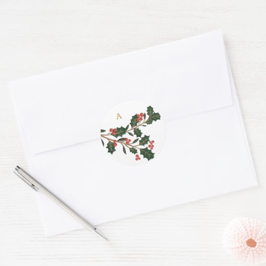 Elegante Kerst Botanische Monogram Envelop Ronde Sticker (Envelop)