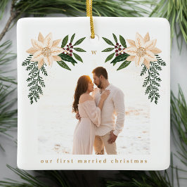 Elegante kerst botanische vrolijke kerstmis foto keramisch ornament