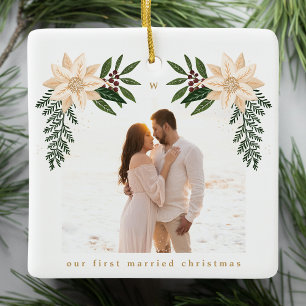 Elegante kerst botanische vrolijke kerstmis foto keramisch ornament