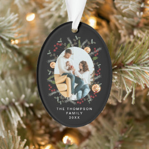 Elegante Kerst Botanische Zwart Rood Holly Foto Ornament