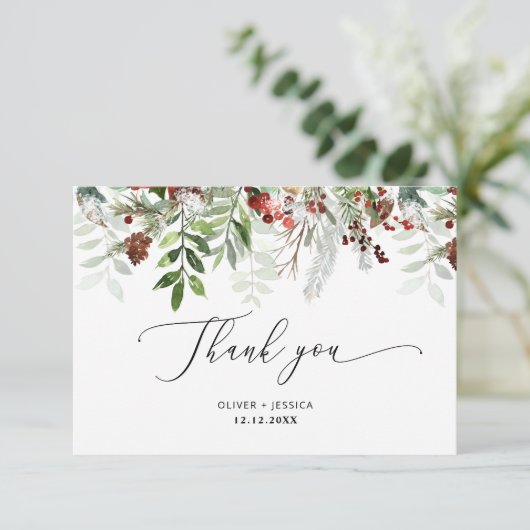 Elegante kerst bruiloft dank u kaart (Staand voorkant)