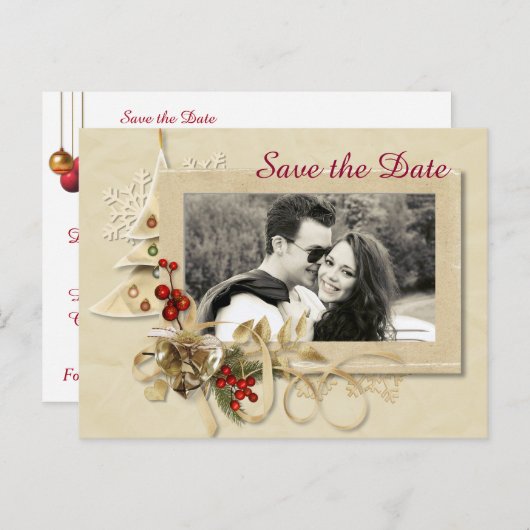 Elegante kerst bruiloft met foto Bewaar de datum Aankondigingskaart (Voorkant / Achterkant)