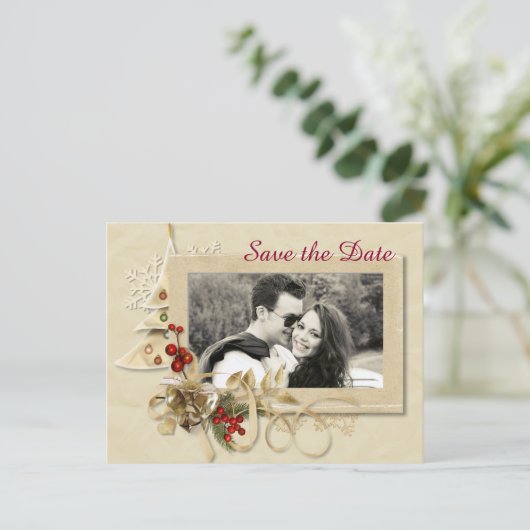 Elegante kerst bruiloft met foto Bewaar de datum Aankondigingskaart (Staand voorkant)