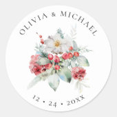 Elegante Kerst bruiloft Waterverf Bloemen Ronde Sticker (Voorkant)