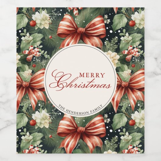 Elegante Kerst Cheer Candy Cane Bows Custom Wijn Etiket (Enkel label)