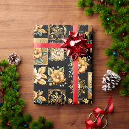 Elegante Kerst Collage Goud op Zwart Cadeaupapier