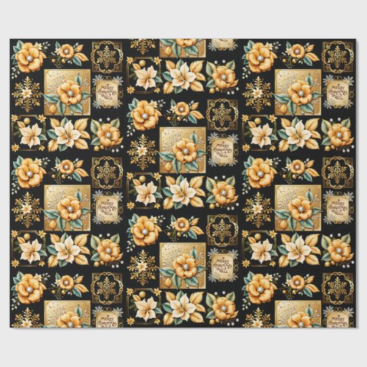 Elegante Kerst Collage Goud op Zwart Cadeaupapier (Vlak)