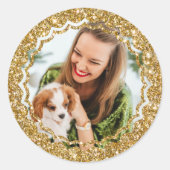 Elegante Kerst Custom Photo Gold Faux Glitter Ronde Sticker (Voorkant)