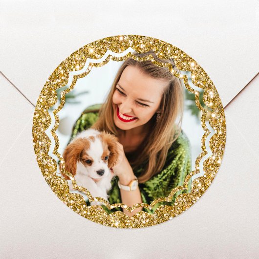 Elegante Kerst Custom Photo Gold Faux Glitter Ronde Sticker