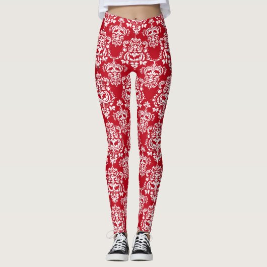 Elegante kerst damast in rood & wit leggings (Voorkant)