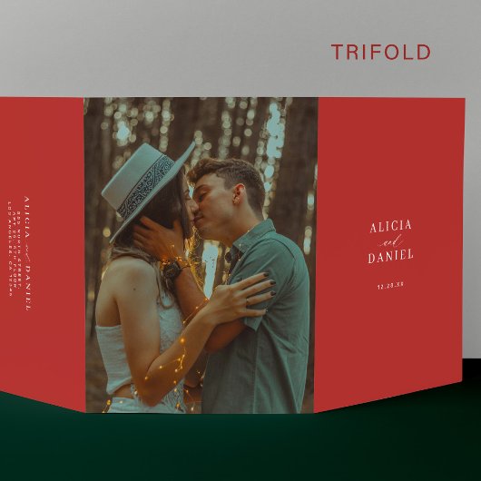 Elegante Kerst eenvoudige rode foto bruiloft RSVP  Drieluik Uitnodiging