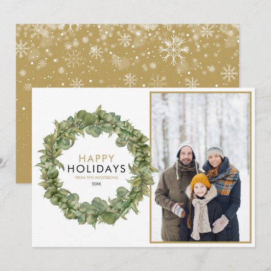 Elegante Kerst Foto Groene Krans Gelukkig Feestdagenkaart (Voorkant / Achterkant)