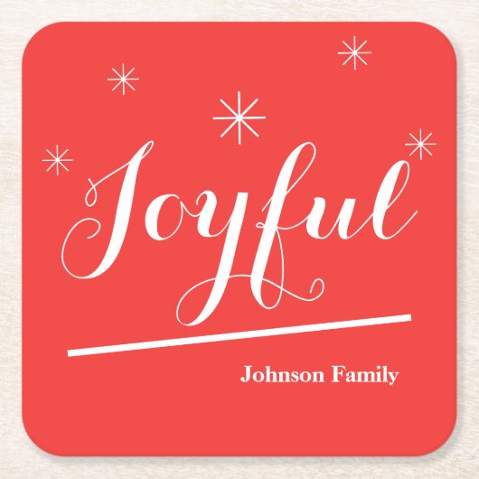 Elegante Kerst Gepersonaliseerde Naam Joyful Red Kartonnen Onderzetters (Voorkant)