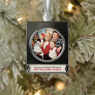 Elegante Kerst Geschenk met Familie Foto Verzilverd Banner Ornament