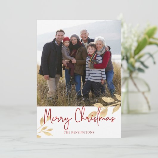 Elegante Kerst Gouden Bladeren | Vakantiefoto Feestdagenkaart (Staand voorkant)