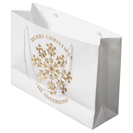 Elegante kerst gouden sneeuwvlok naam groot cadeauzakje (Voorkant Gekanteld)