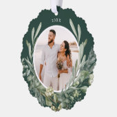 Elegante kerst groen botanische foto vakantie ornament kaart (Links)