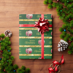 Elegante Kerst Groen & Gouden Strepen Baby Foto Cadeaupapier