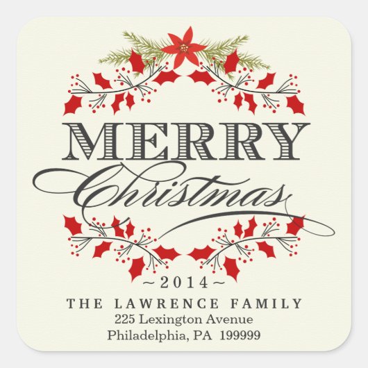 Elegante kerst Holly krans vierkante Stickers (Voorkant)