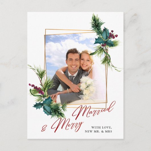 Elegante kerst Holly Pine Lijst foto groet Briefkaart (Voorkant)