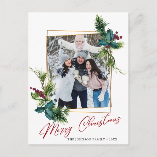 Elegante kerst Holly Pine Lijst foto groet Briefkaart (Voorkant)