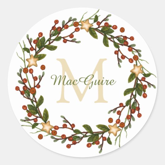 Elegante kerst krans Monogram Initiaal Classic Ronde Sticker (Voorkant)