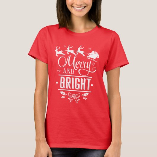 Elegante kerst "Merry and Bright" typografie T-shirt (Voorkant)