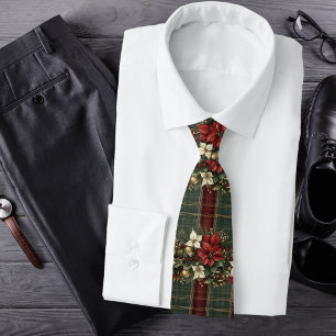 Elegante kerst met burgundy ruitjes en poinsettia stropdas