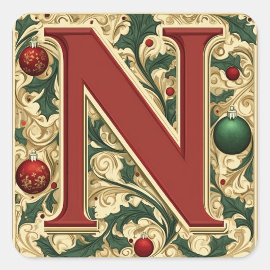 Elegante kerst N: rood, groen, goud en groen Vierkante Sticker (Voorkant)