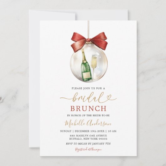 Elegante Kerst Ornament Prosecco Bruids Brunch Kaart (Voorkant)