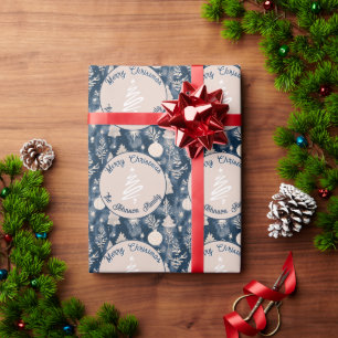 Elegante Kerst Ornamenten Patroon blauw Cadeaupapier