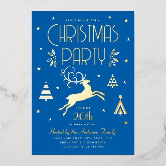 Elegante kerst partij blauw gouden folie uitnodigi folie feestdagenkaart (Voorkant)