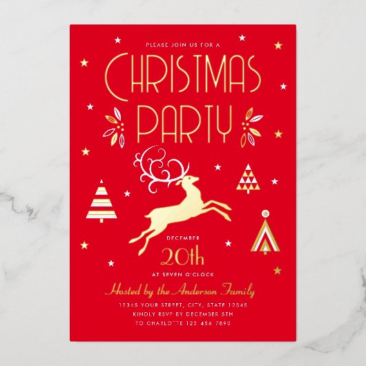 Elegante kerst partij rode gouden folie uitnodigin folie feestdagenkaart (Voorkant)