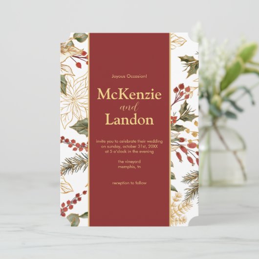 Elegante kerst poinsettia bloemenbruiloft kaart (Staand voorkant)