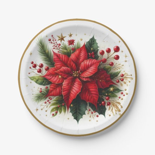 Elegante Kerst Poinsettia Bloemenpapier Bord (Voorkant)