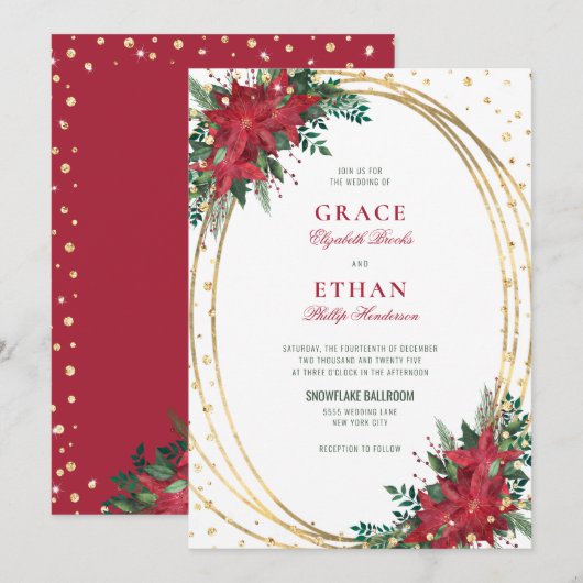 Elegante kerst poinsettia bruiloft kaart (Voorkant / Achterkant)