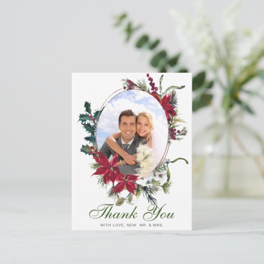 Elegante kerst Poinsettia Lijst foto dank u Briefkaart (Staand voorkant)