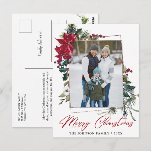 Elegante Kerst Poinsettia Lijst Foto Groet Briefkaart (Voorkant / Achterkant)